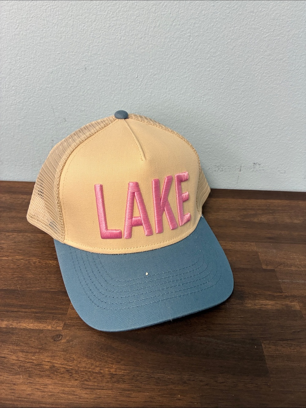 LAKE Trucker Hat - Pink Embroidery on Beige & Blue